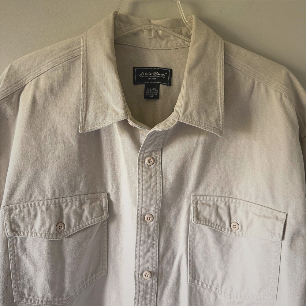 Eddie Bauer Mens XXL Beige Heavy Cotton Twill Button Down Shirt LS‎ Utility Work